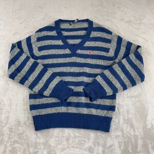 Vintage Polo Ralph Lauren V-Neck Sweater Men Medium Blue Grey Wool Blend USA Mde